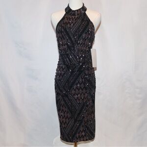 Love, Nickie Lew Women's NWT Black Rose Gold Glitter Sheath Cocktail Dress Small